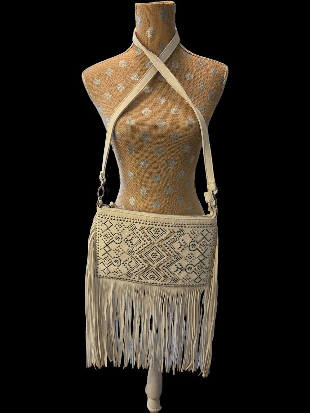 Imoshion White VEGAN Leather Studded Statement Fringe Festival Crossbody Bag